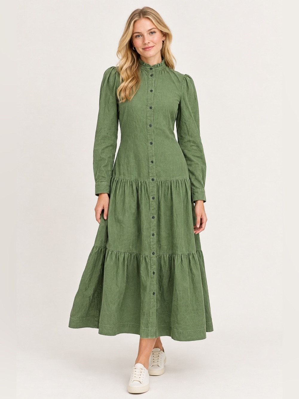 Boden Ellen Green Corduroy Long Sleeve Tiered Button Dress size 2